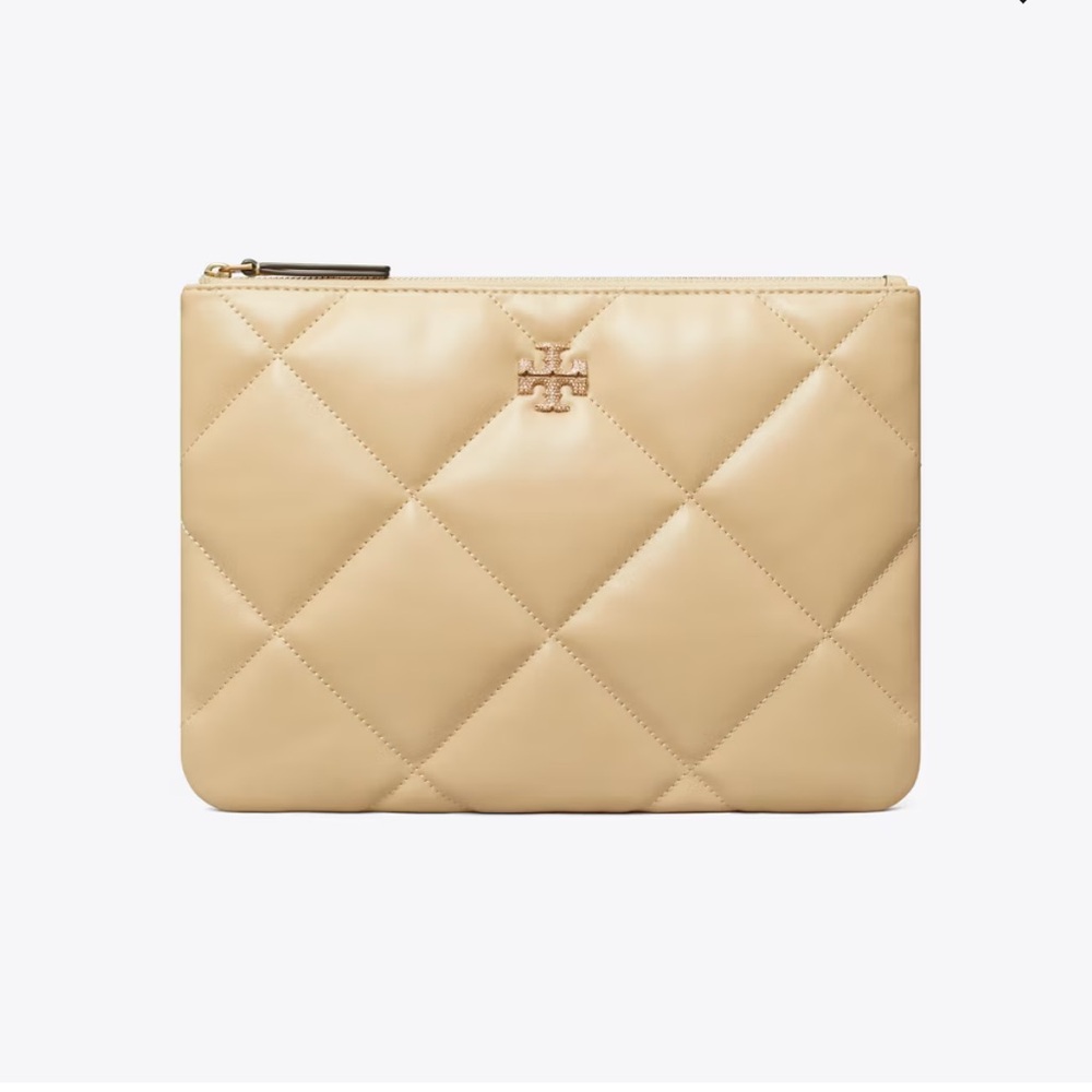 Tory Burch Kira Diamond Quilt Pave Logo Pouch In Vanilla Soft Serve